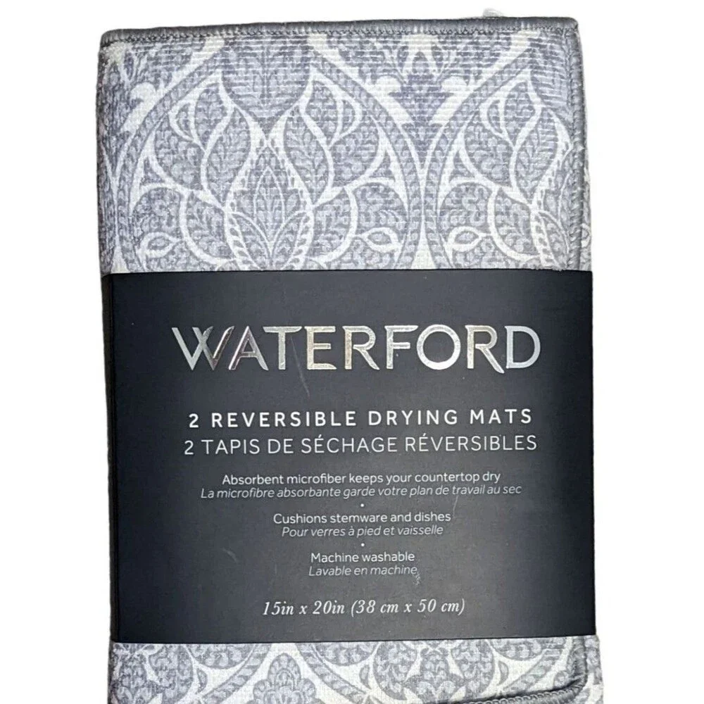 Waterford Dish Drying Mats Gray White Baroque Design Polyester Kitchen 2pc NEW